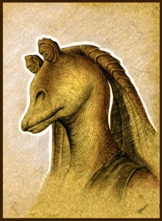 Mine dyretegninger - Privat eje. Jar jar binks. Blyant og kridt på genbrugs papir. billede 16