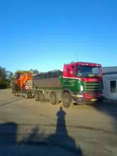 Min tidligere biler - Demstrup Autotransport.XD89950- 
Scania R500, vogn 18, årgang 2008. Med blokvogn med asfalt-udlægger i Kolind. billede 24