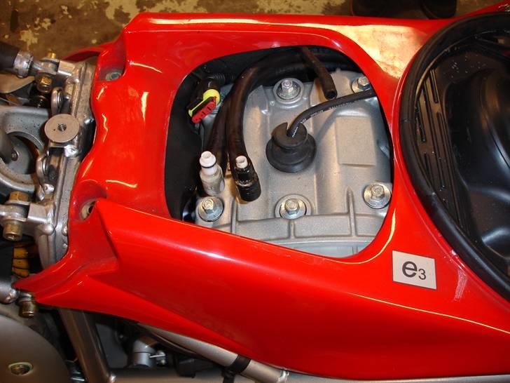 Tandrems skift på Ducati 998 testastretta - Her har vi ventildækslet til den lodrette cylinder. Benzinslanger og stik til benzinpumpe clipset af. billede 2