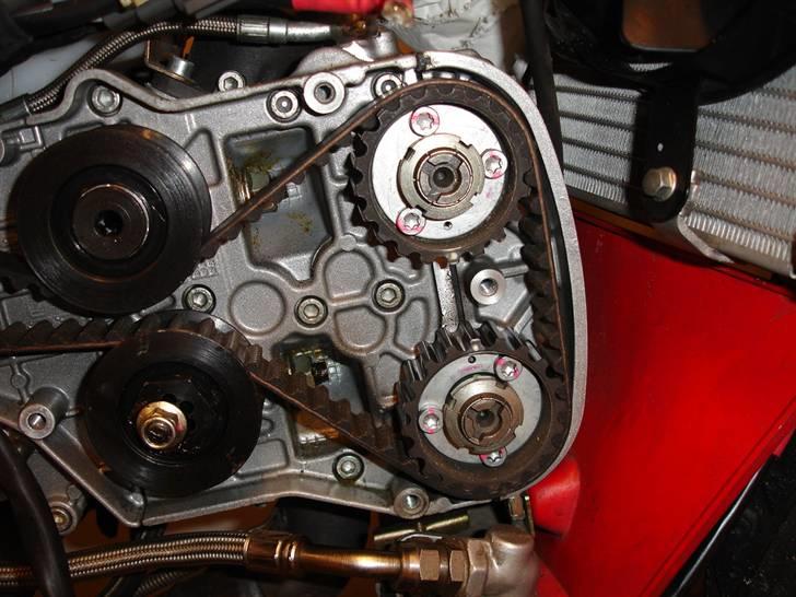 Tandrems skift på Ducati 998 testastretta - Mærker på knasthjul, vandret cylinder. Det nederste sorte hjul er strammerhjulet, der skal bruges en 26mm nøgle for at justere det. billede 10
