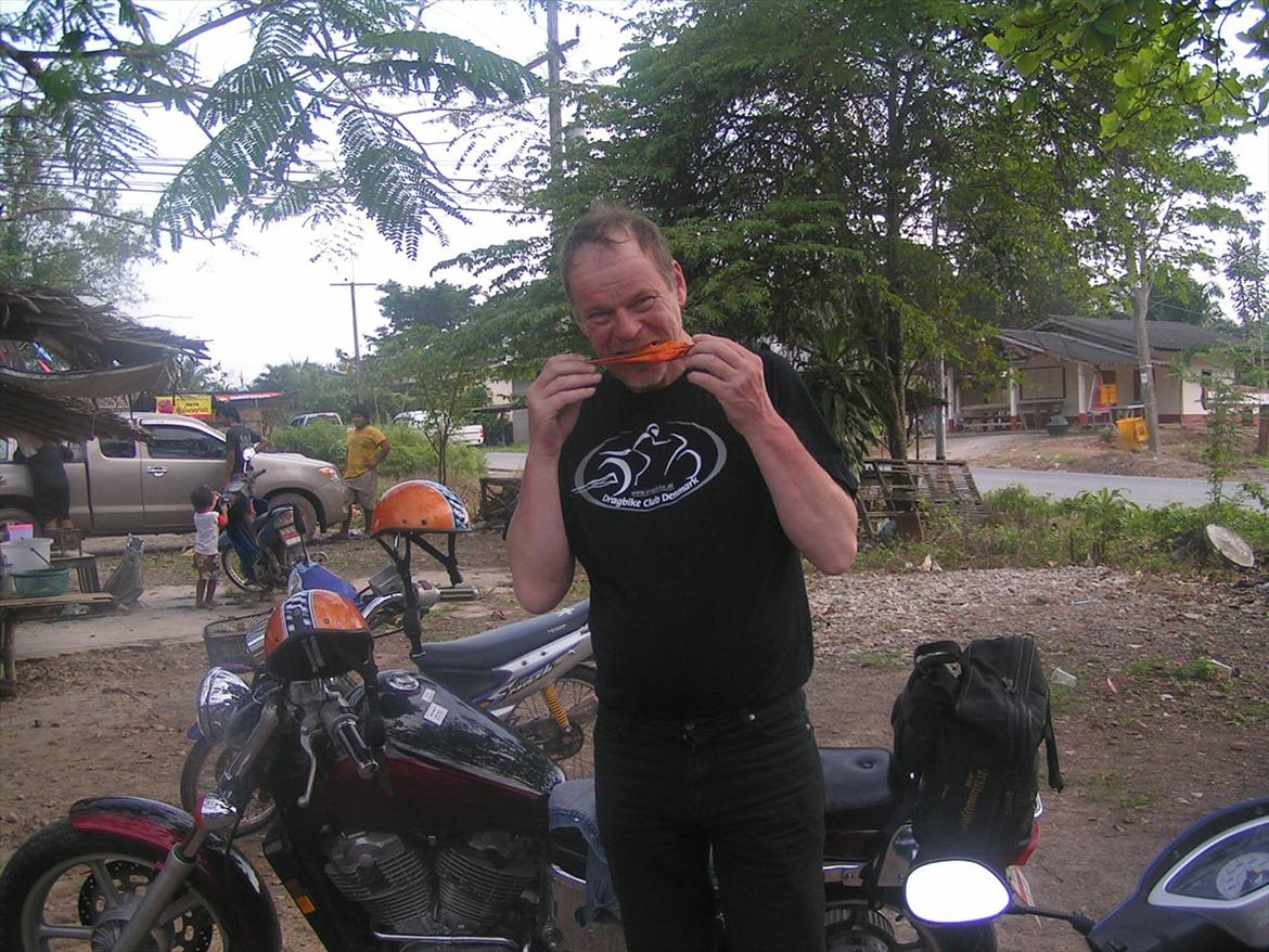 Thailand rundt på MC  - Frokost, BBQ kylling det smager fanme godt og igen koster intet ca 2 kr for sådan et spyd  billede 232