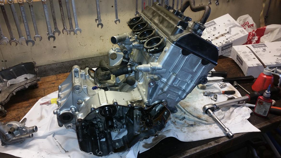 Motor / gearkasse skift af CBR 929 / 954 - Så er motor klar til at blive smidt i stellet igen. (Jeg har ikke taget billeder af ventil tjek og cylinder/stempel tjek.) billede 28
