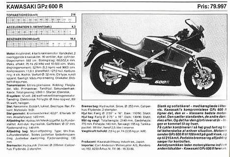 Kawasaki GPz600R/GPZ 600 R/ZX600A Solgt :-( - GPz600R/ZX600A datasheet, se evt: http://www.hleng-it.dk/mc_data/gpz600.jpg billede 2