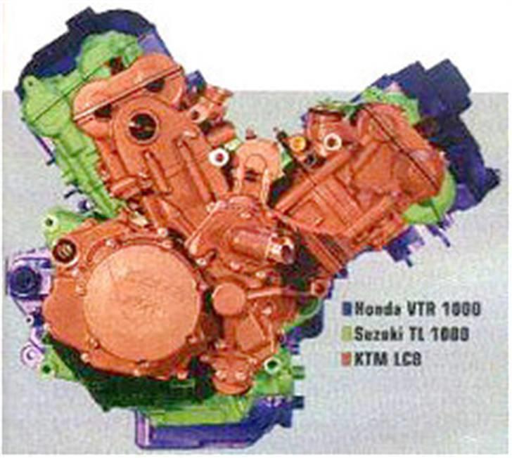 KTM 990 Superduke SOLGT - den orange motor er LC8 motoren fra Superduken. De bagerste er TL1000 og VTR 1000 motor :)  billede 11