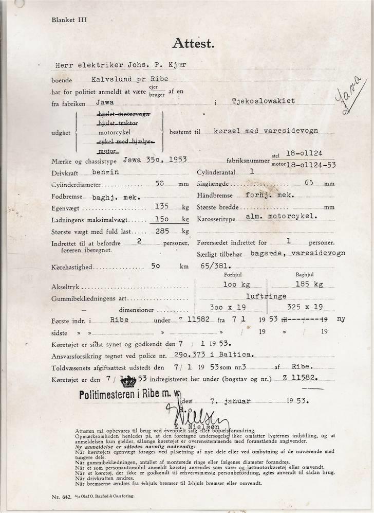 Jawa 350 model 18 - original reg. attest billede 4