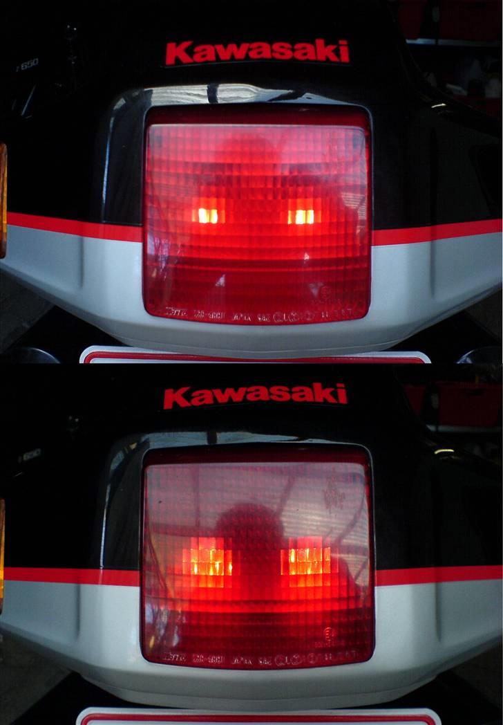 Kawasaki ZX 10 - Alle pærer udskiftet til LED-pærer. Øverst vises lysspredningen med glødepærer - Nederst med LED-pærer. Læg mærke til at spredningen virker større ved LED-pærerne, men de lyser nu stærkest inden for en bestemt vinkel.  billede 4