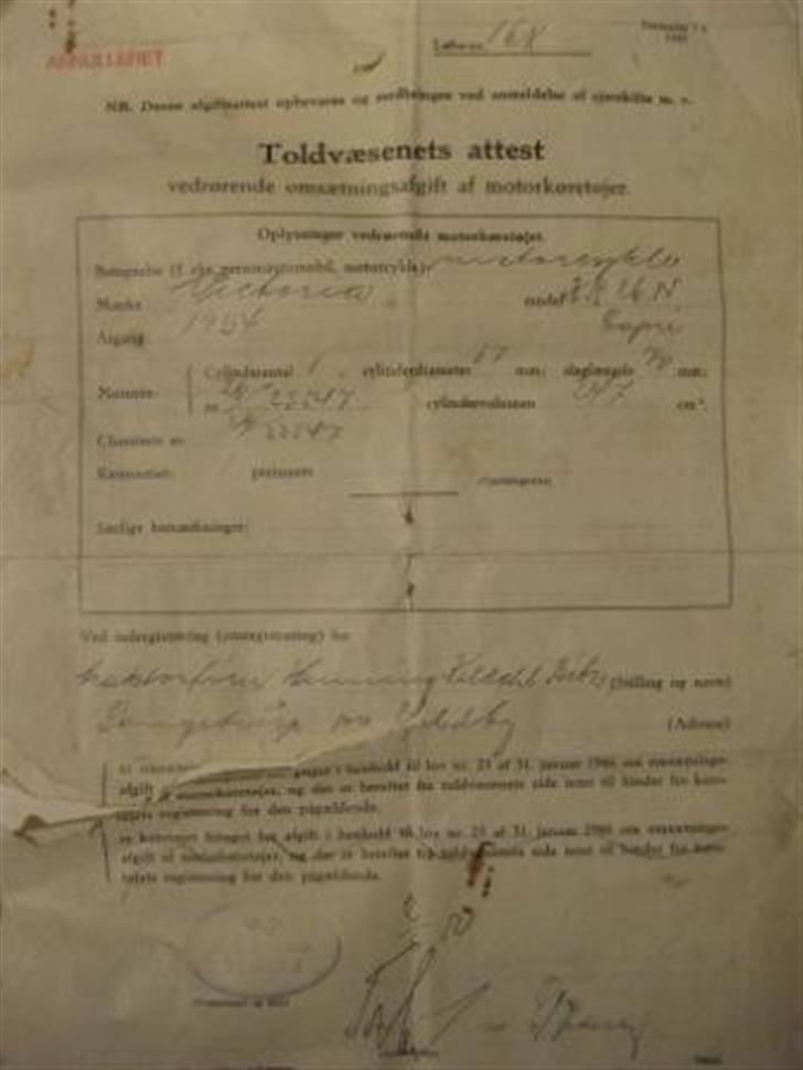 Victoria KR 26N Aero "SOLGT" - Original toldattest fra 1954 billede 9