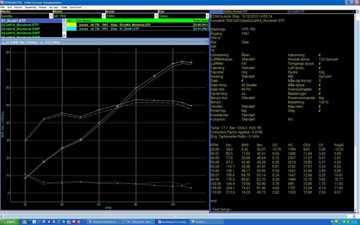 Honda VFR 750 - Gul: Før dynojet dyser
Blå: Efter. 
Bliver indstillet færdig, med ny kobling osv til november 2013.  billede 3