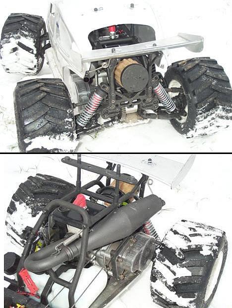 Off-Roader FG Monster Beetle - FG Monster Beetle uden karosse. Den store 3.9 HK´s Zenoah motor ligger bagtil, og giver plads til tank og servoer fortil. billede 9