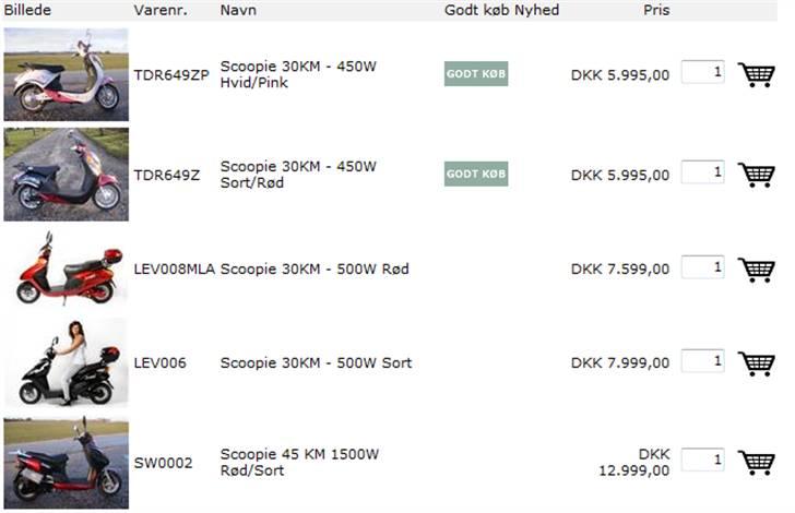 Scoopie 45 KM 1500W Rød/Sort - El Knallert/Scooter
Valg af el Scooter.......

- Du finder her 3 forskellige typer el scootere
- 2 stk. til "City" 30km/t kørsel. 
- 2 stk. almindelige 30km/t el Scootere
- 1 stk 45km/t Scooter som ikke må køre på cykelsti. 
- Spar penge og miljøet for både røg og lyd. 
- Udvalg er opbakket af dansk importør. 
- Vær opmærksom på hvor stor din "benzin" tank er, som vi oplyser i watttimer. 
- Mulig distance afhænger bla. af dette. 

Ved hver Scooter står der i bunden hvor meget du skal samle ved modtagelse, hvis du vælger at få tilsendt Scooteren.  

Er du i tvivl, ring, skriv eller endnu bedre....., kom og prøv! 

 billede 11