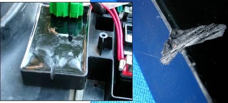 4 takt,-Kymco Agility 50-begrænser - Begrænsninger
Kendte begrænsningerStandard rullevægt : 6,5 gram
Hoveddyse : (begrænset : 80 / ubegrænset er muligvis : 85)
CDI Sav midt i enden af CDI boksen ligesom på billedet. Du skal save en lille brun kobber ledningen over derinde. Sav cirka 4 mm. Hvis du saver for dybt kan du ødelægge CDI boksen.

Her ses hvor man skal save på en Piaggio Zip CDI boks.

På nogle CDI kan man save en ledning over inden i CDI boksen hvis man ved hvor man skal save.
Her er begrænsningen fjernet på en Kymco Agility CDI ved at save i CDI boksen.
 billede 15