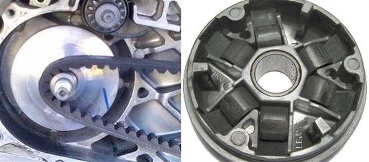 4 takt,-Kymco Agility 50-begrænser - Rullerne ligger på bagsiden af den inderste remskive.

Rullernes vægt bruges så vidt jeg ved også til at begrænse scooterens topfart.

Standard rulle vægt kan for eksempel være 6,5 gram men variere fra scooter model til scooter model
 billede 18