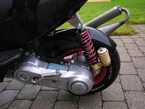 Aprilia Sonic - Poleret varioskjold, Forsa olie/gas-støddæmper og min hjemmelavede støddæmperforhøjer i poleret rustfrit stål. Man kan også skimte min gennemsigtige luftfilterkasse med Malossielementet. Stil! billede 8