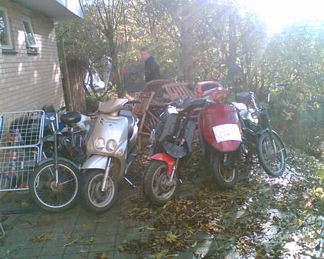 Yamaha Neos "The Transporter" - Gruppe billede. Stalkeren i midden, neosen til venster, den glade spritter kl´er helt ude til venstre, til højre min far´s færge suzuki 100ccm og længst ude til højre min vens perfekte maxi 2g billede 6