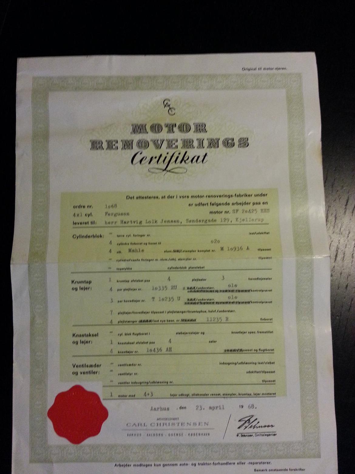 Massey Ferguson 35 - Original 'Motor renoverings certifikat' fra 1968 billede 9